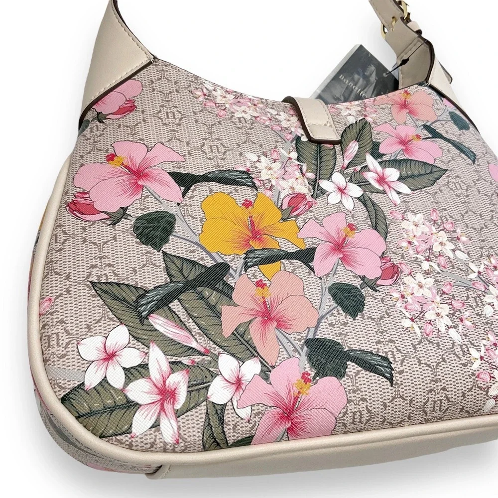 Nanette Purse Pink Beige Floral Logo Short Shoulder Hobo Bag NWT $88